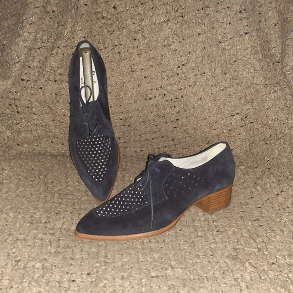 PERTINI-Blue Suede-Perforated Lace Up Loafers-Pointed Toe-Sz 38-Near Mint - Picture 1 of 8